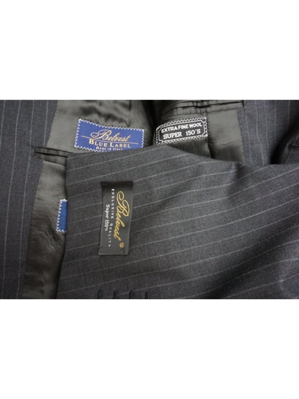 Belvest Blue Label Gray Striped S150s Wool 2 Pc Suit Jacket Pants 46R Brand New